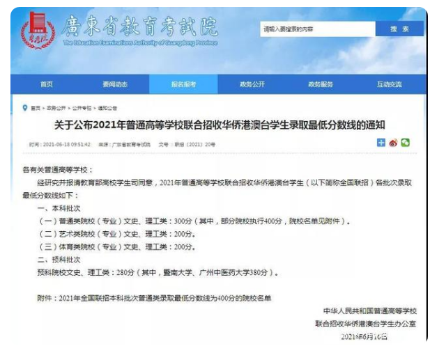 2021年普通高等学校联合招收华侨港澳台学生录取最低分数线.png